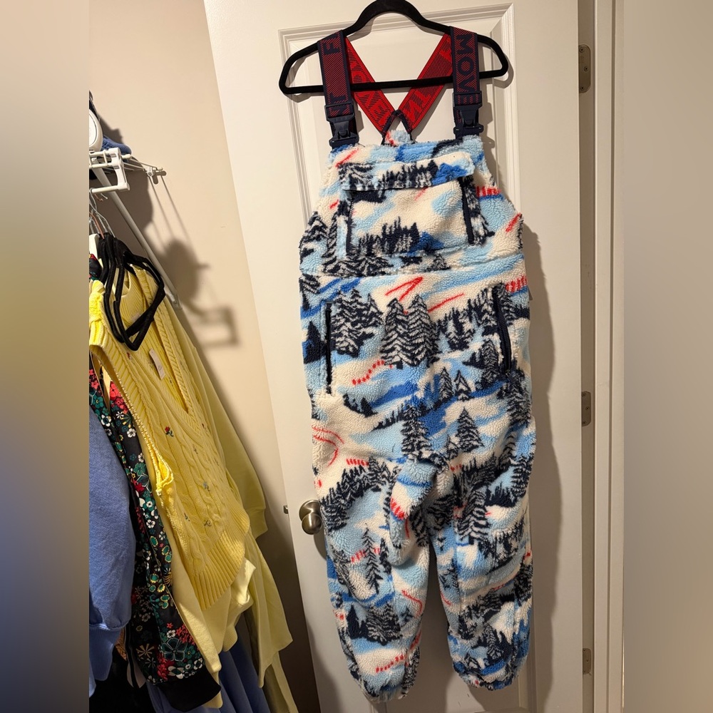 Free People Fleece Ski-Scene Overalls in White, Blue, Black & Red